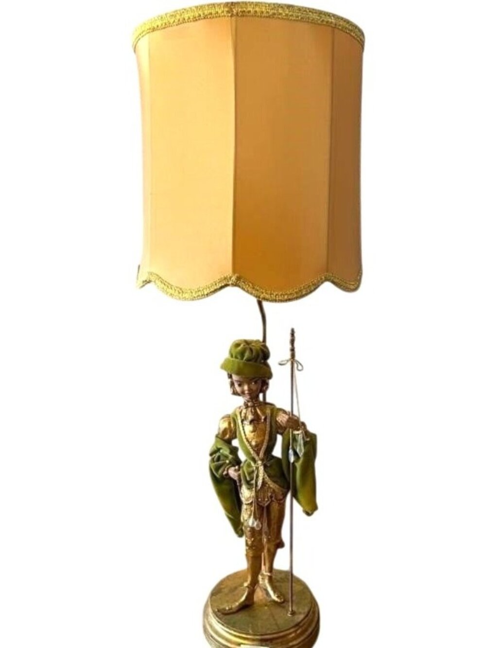 Vintage ARP MCM 40" Italian Pixie Elf Table  Lamp Green Velvet  Gold Leaf Design